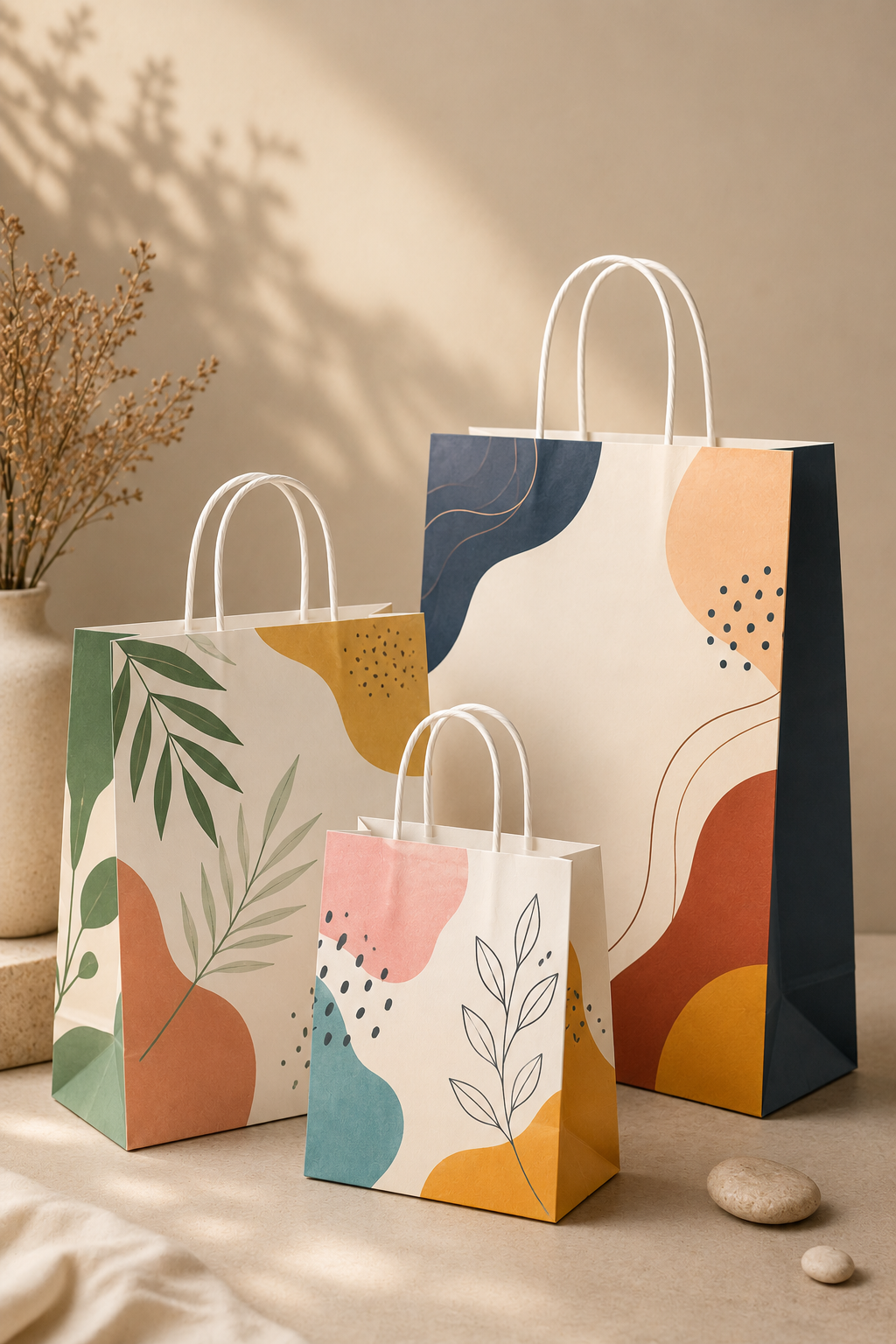 Custom designed paper bags with colorful printed branding